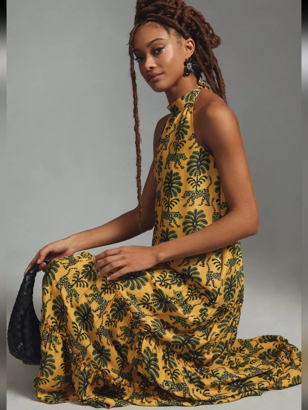 Anthropologie Farm Rio Satin Halter Dress Size XS Petite Gold Animal Floral - Picture 3 of 9